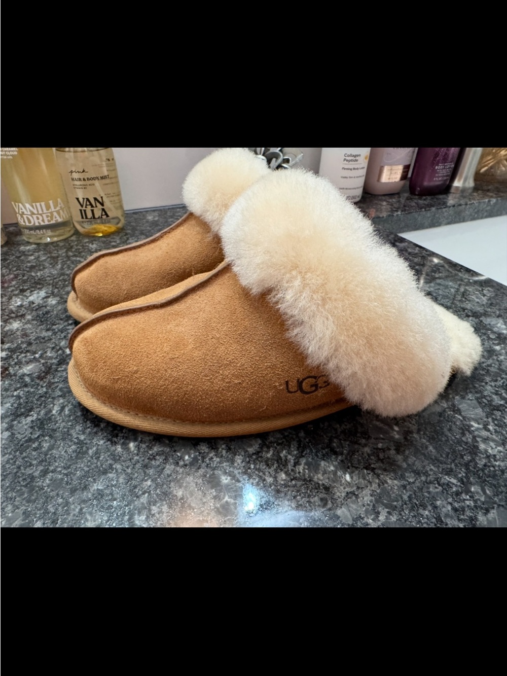 UGG Women's Chestnut Suede Sheepskin Clog Slippers with Cream Fur Collar